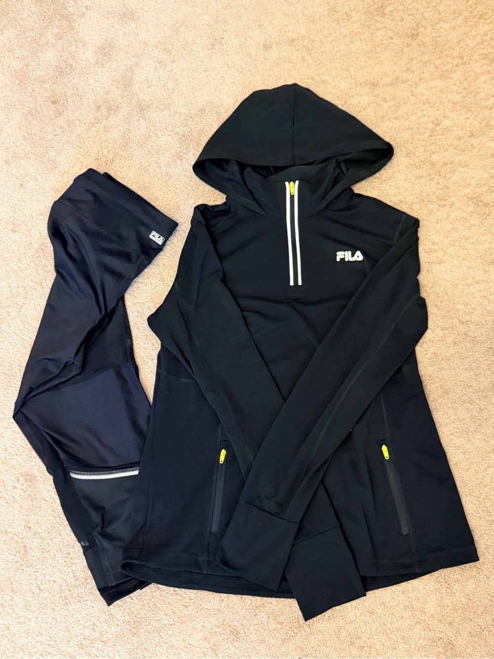 FILA Sport Women’s Black Solid Set Capri Leggings Jacket Running Jogging Size L